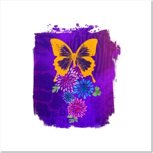 Psychedelic Butterfly and Dahlias Posters and Art